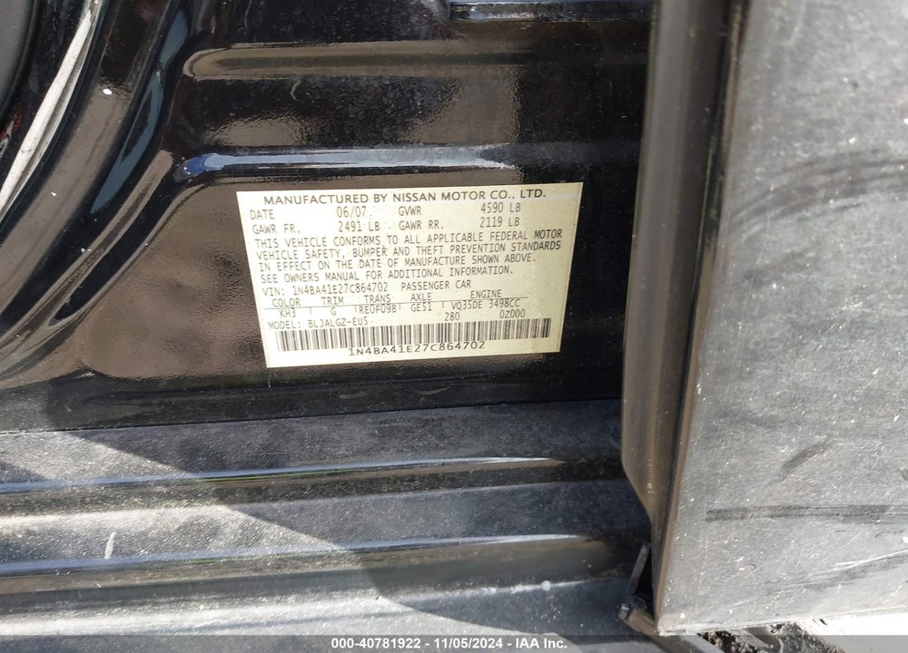 2007 NISSAN MAXIMA 3.5 SL VIN: 1N4BA41E27C864702