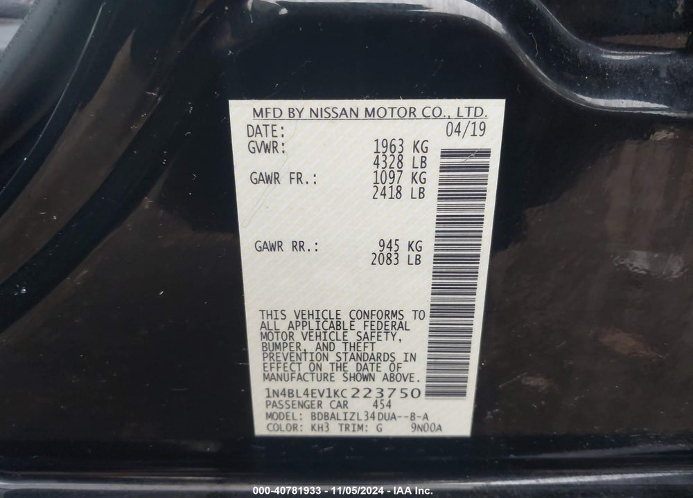2019 NISSAN ALTIMA 2.5 SL VIN: 1N4BL4EV1KC223750