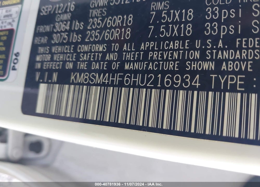 2017 HYUNDAI SANTA FE SE VIN: KM8SM4HF6HU216934