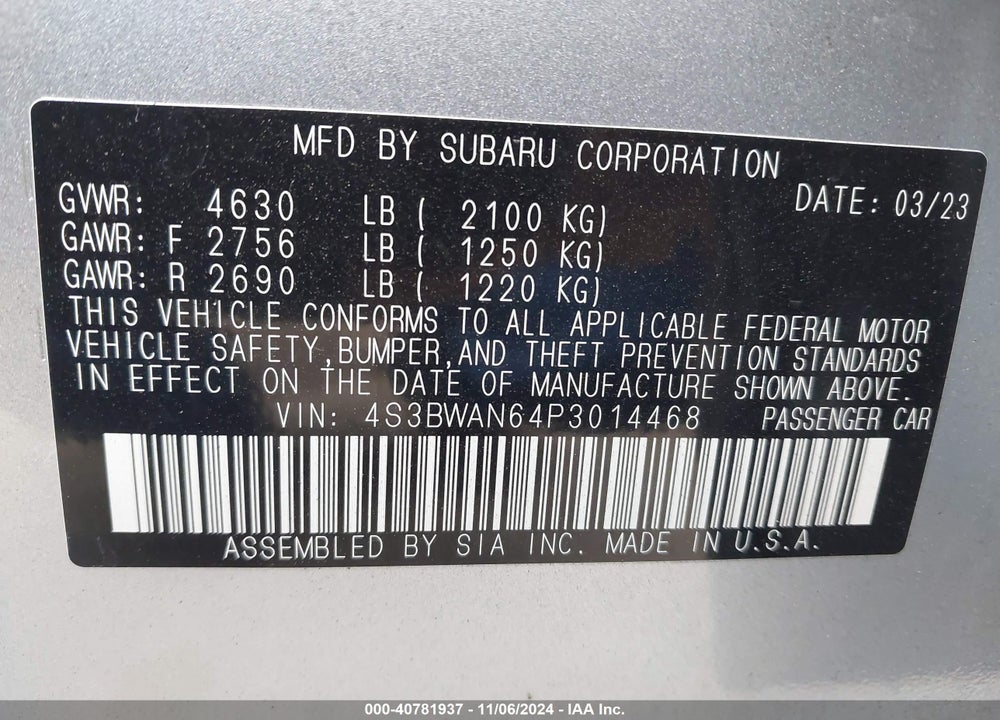2023 SUBARU LEGACY LIMITED VIN: 4S3BWAN64P3014468
