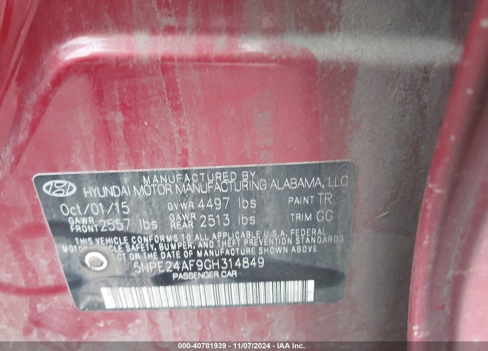 2016 HYUNDAI SONATA SE VIN: 5NPE24AF9GH314849