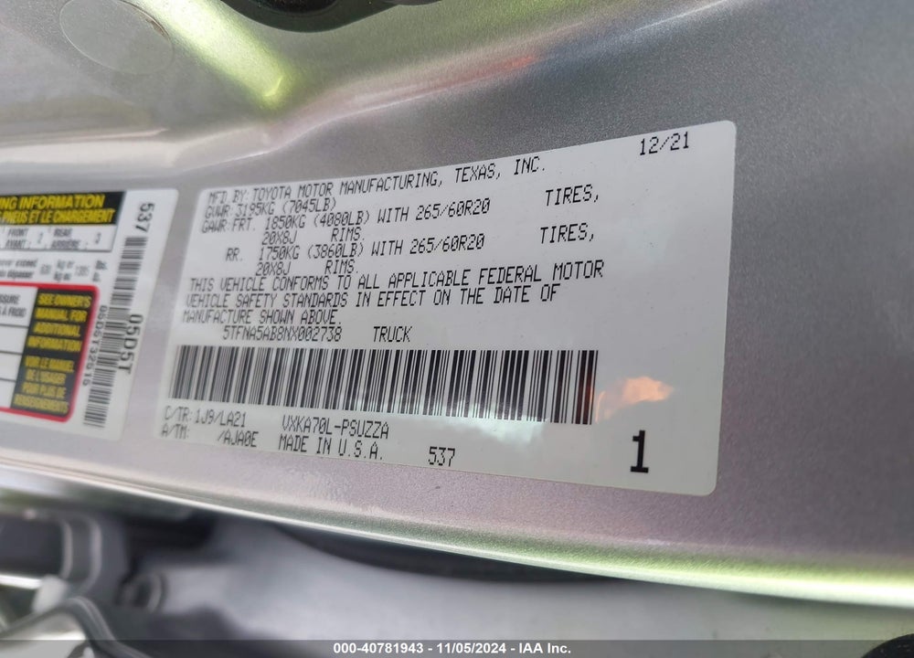2022 TOYOTA TUNDRA PLATINUM VIN: 5TFNA5AB8NX002738