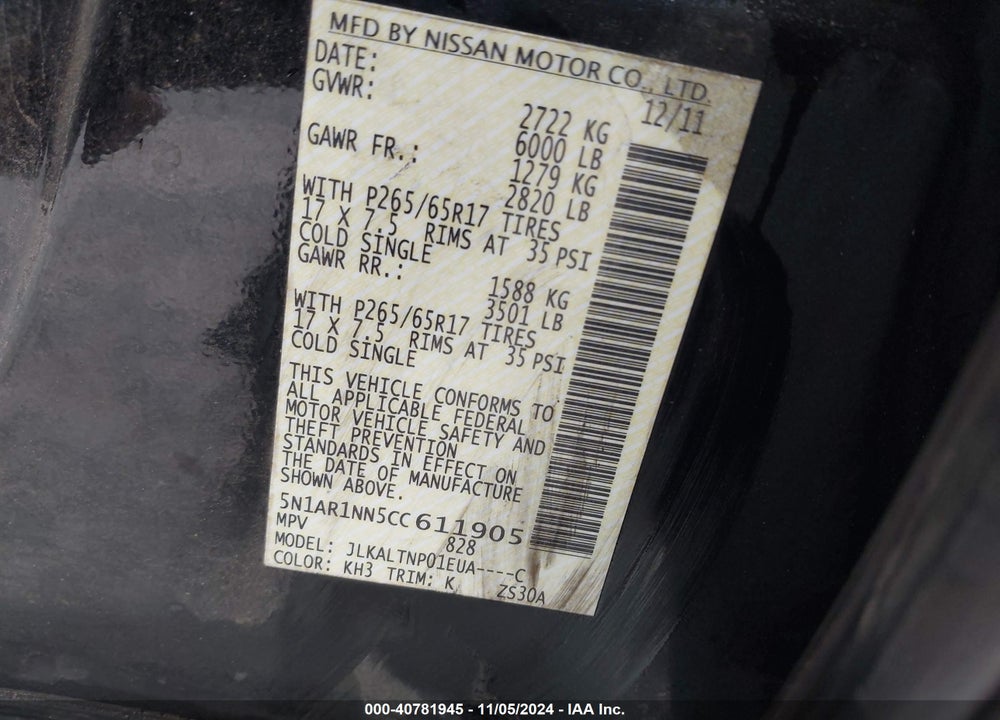 2012 NISSAN PATHFINDER SV VIN: 5N1AR1NN5CC611905