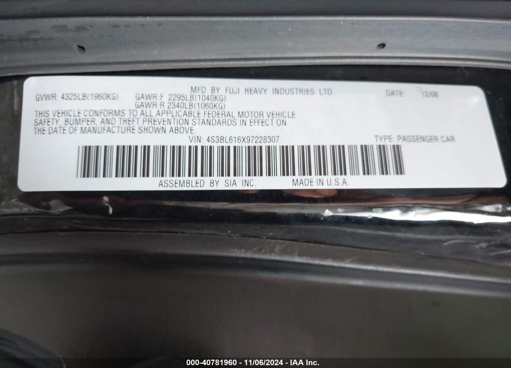 2009 SUBARU LEGACY 2.5I VIN: 4S3BL616X97228307