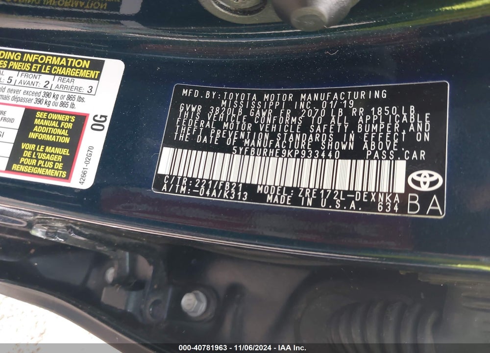 2019 TOYOTA COROLLA LE VIN: 5YFBURHE9KP933440