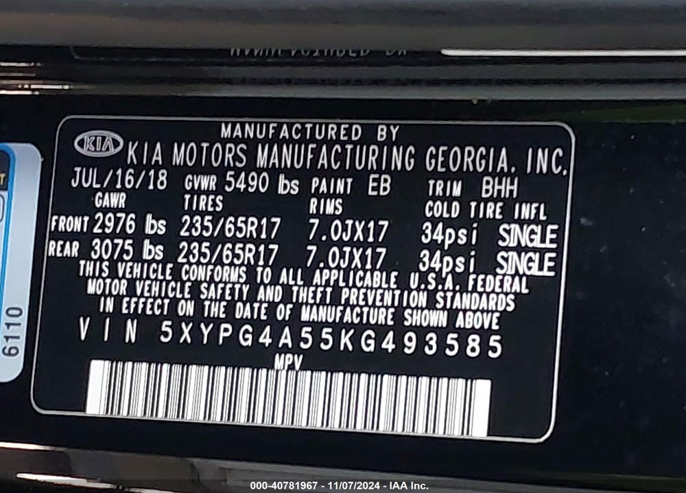 2019 KIA SORENTO 3.3L LX VIN: 5XYPG4A55KG493585