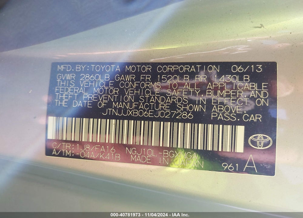 2014 SCION IQ 10 SERIES VIN: JTNJJXB06EJ027286