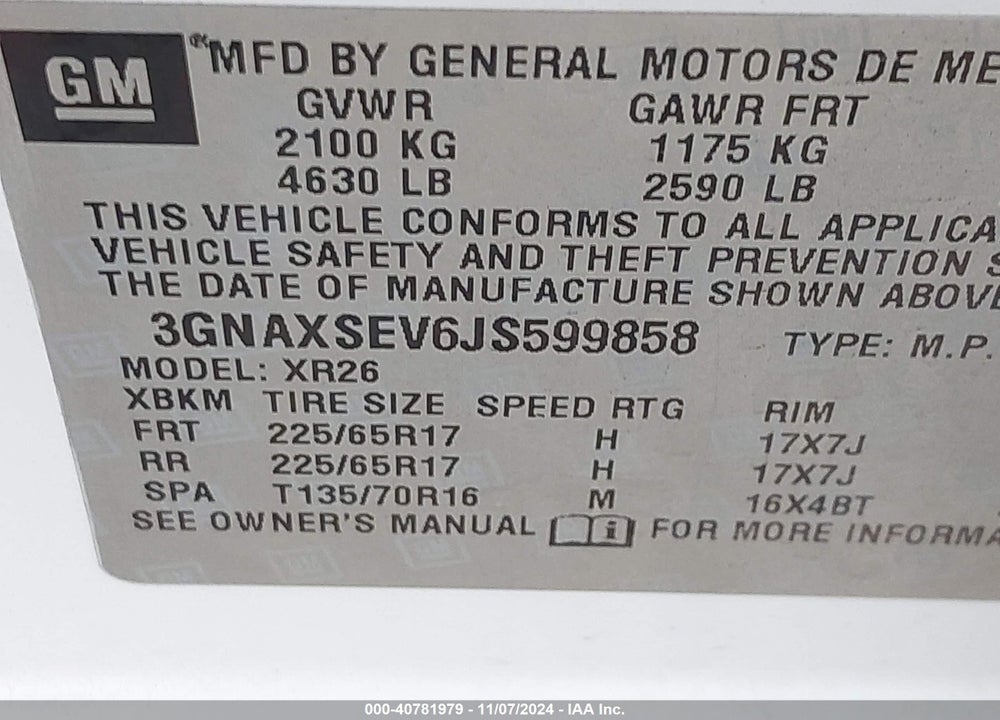 2018 CHEVROLET EQUINOX VIN: 3GNAXSEV6JS599858