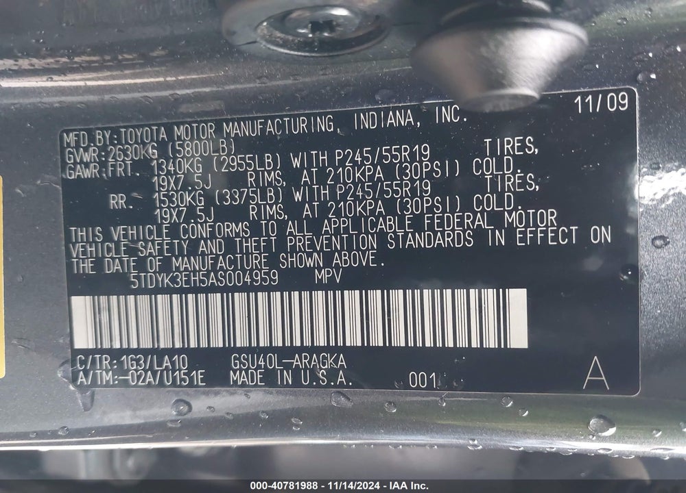 2010 TOYOTA HIGHLANDER LIMITED VIN: 5TDYK3EH5AS004959