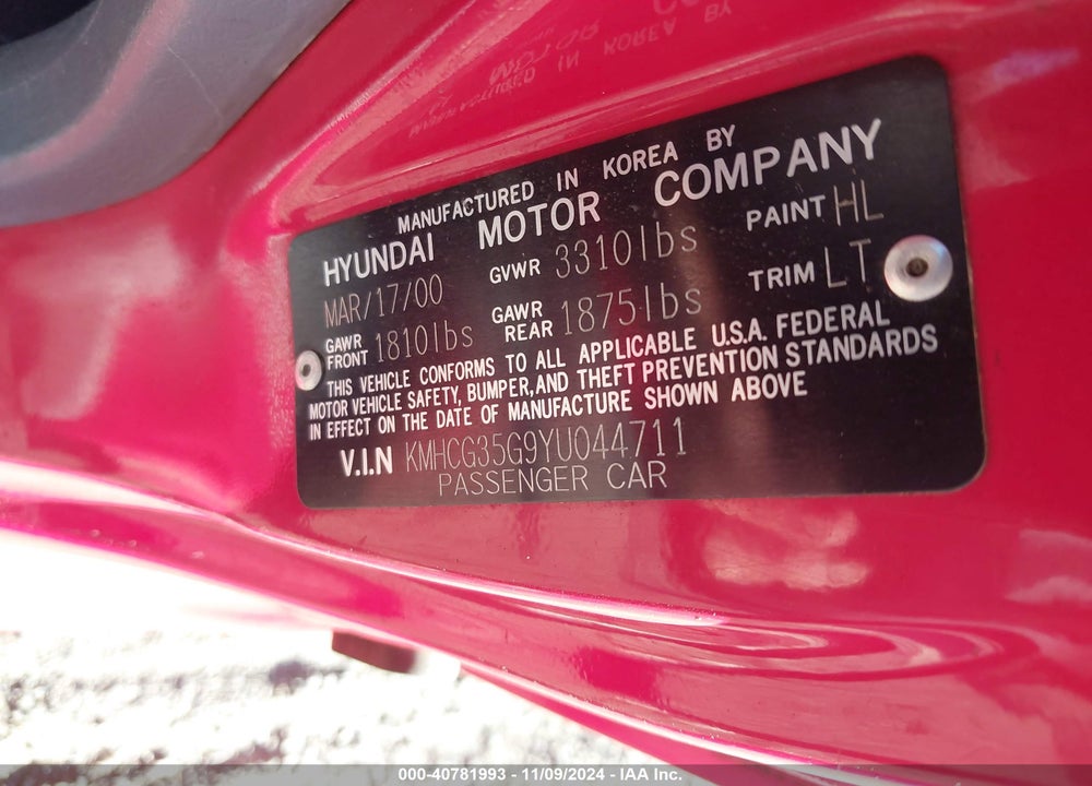2000 HYUNDAI ACCENT GS VIN: KMHCG35G9YU044711