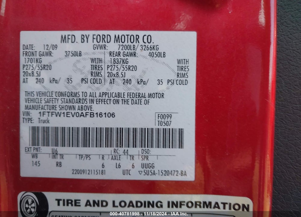 2010 FORD F-150 FX4/HARLEY-DAVIDSON/KING RANCH/LARIAT/PLATINUM/XL/XLT VIN: 1FTFW1EV0AFB16106
