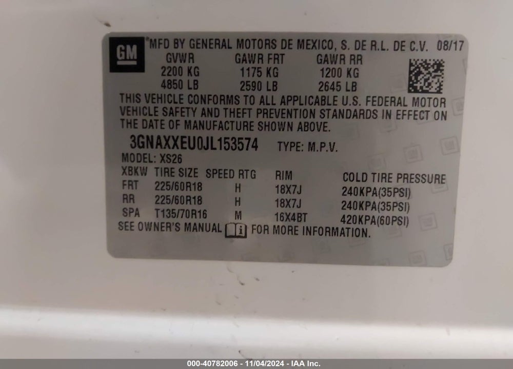 2018 CHEVROLET EQUINOX PREMIER VIN: 3GNAXXEU0JL153574
