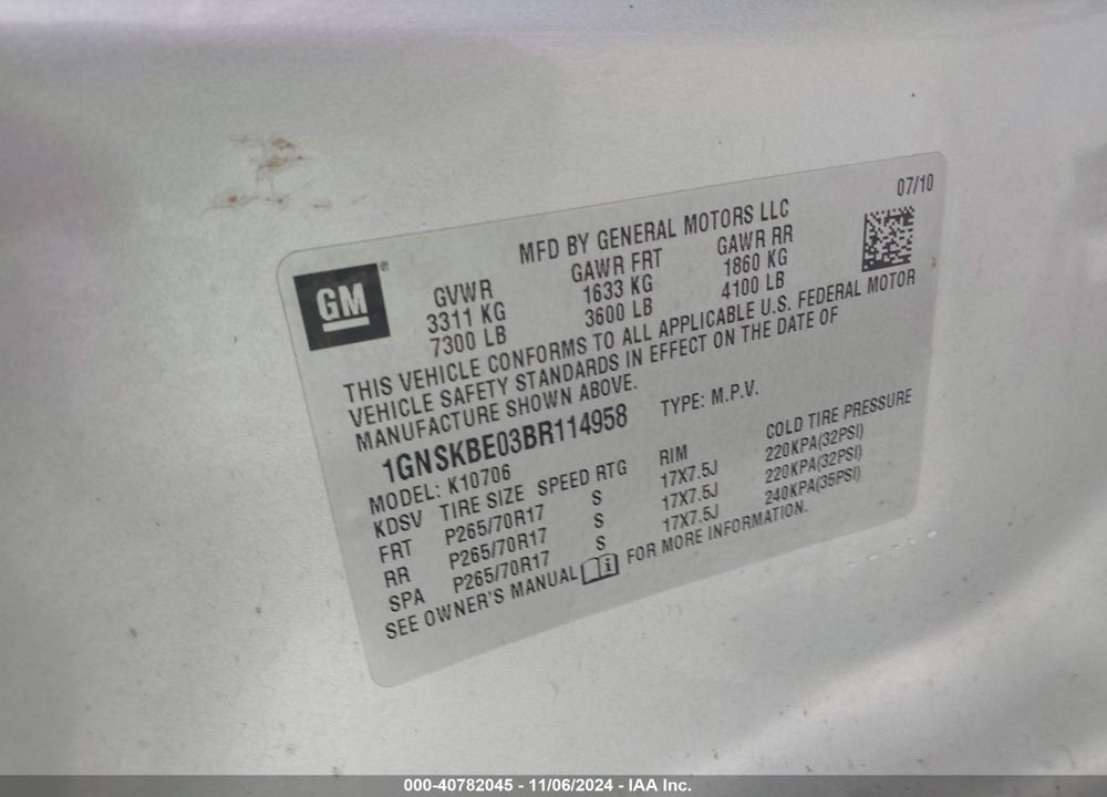 2011 CHEVROLET TAHOE LT VIN: 1GNSKBE03BR114958