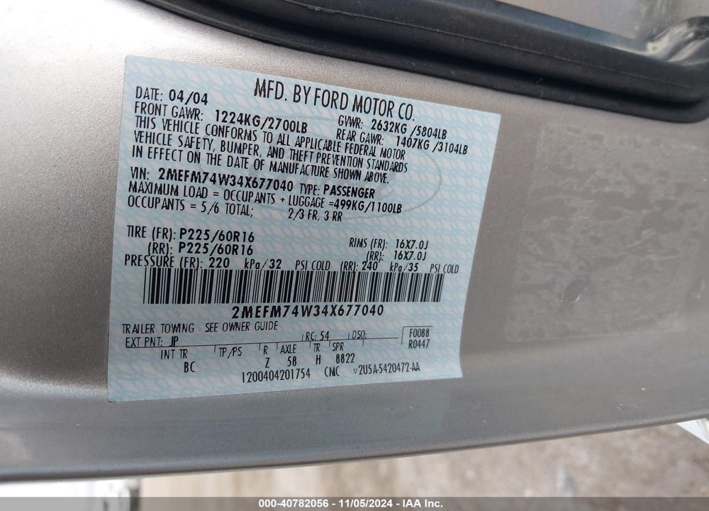 2004 MERCURY GRAND MARQUIS GS/GS CONVENIENCE VIN: 2MEFM74W34X677040