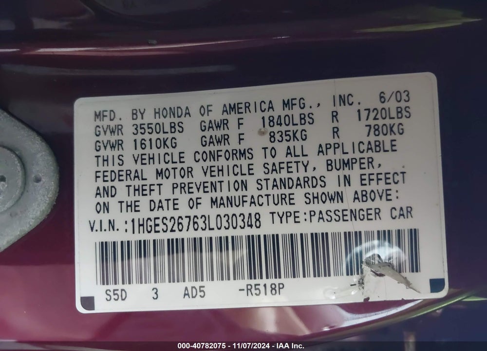 2003 HONDA CIVIC EX VIN: 1HGES26763L030348
