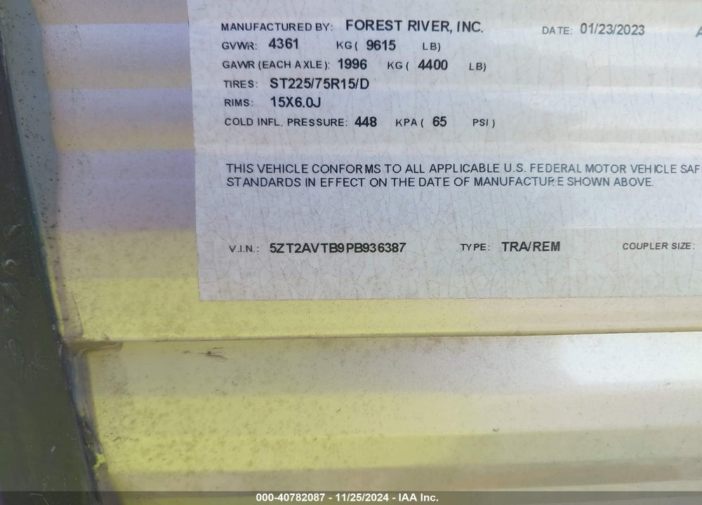 2023 FOREST RIVER AVENGER VIN: 5ZT2AVTB9PB936387