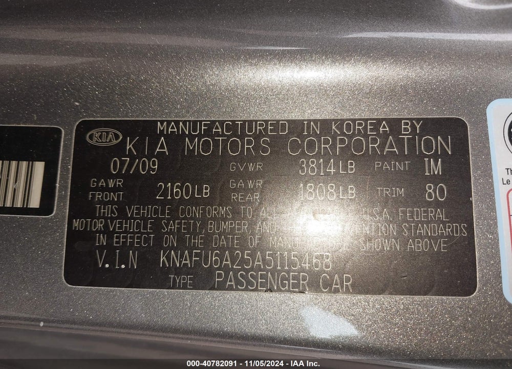 2010 KIA FORTE VIN: KNAFU6A25A5115468