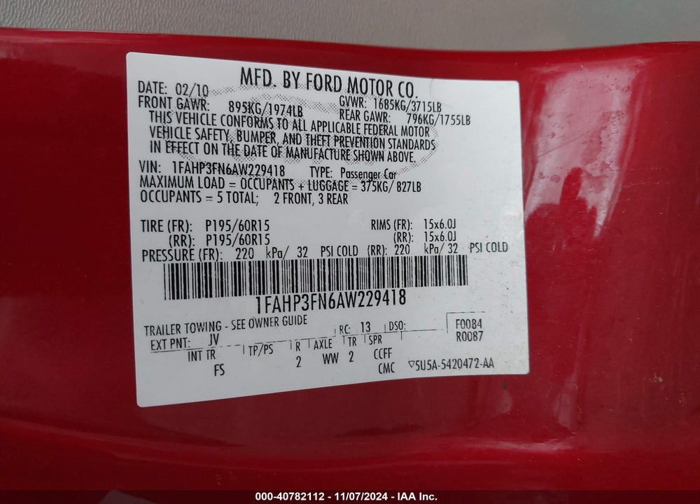 2010 FORD FOCUS SE VIN: 1FAHP3FN6AW229418