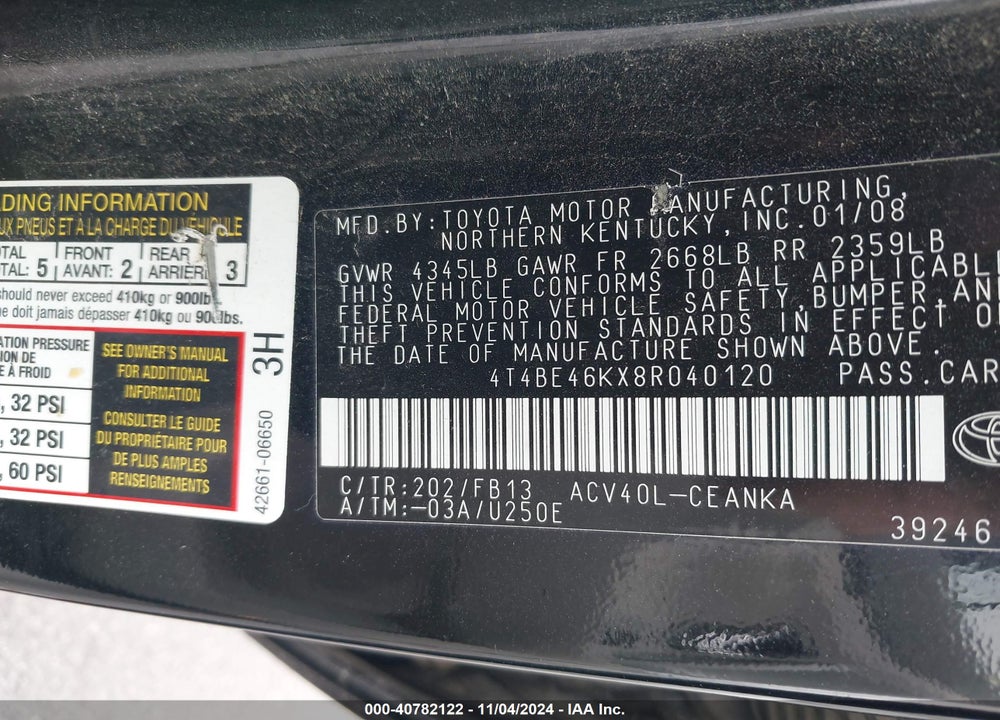 2008 TOYOTA CAMRY LE VIN: 4T4BE46KX8R040120