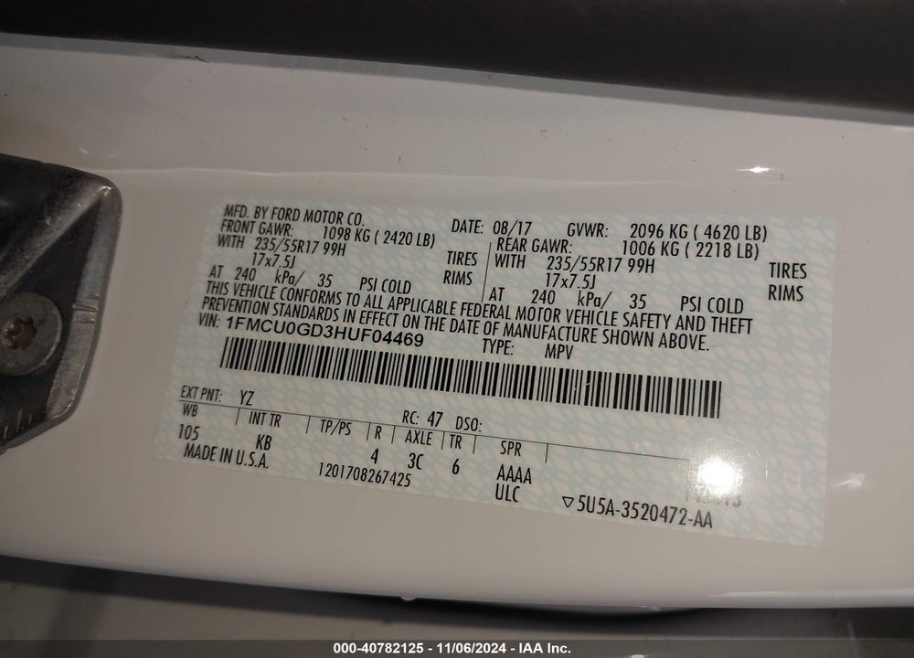 2017 FORD ESCAPE SE VIN: 1FMCU0GD3HUF04469