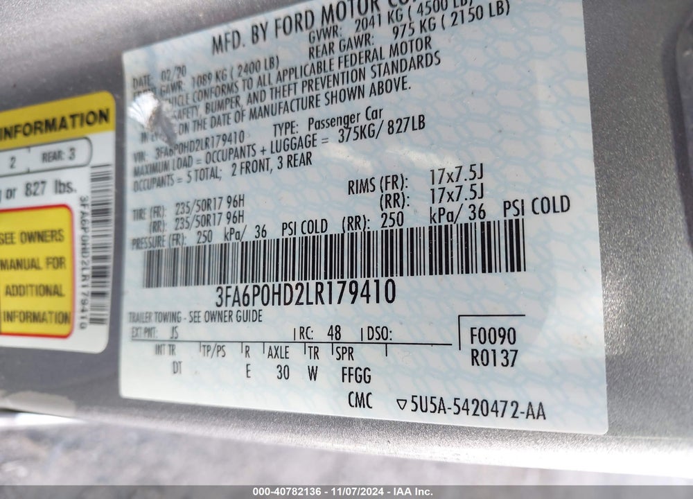 2020 FORD FUSION SE VIN: 3FA6P0HD2LR179410
