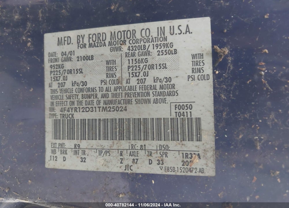 2001 MAZDA B2300 SE/SX VIN: 4F4YR12D31TM25024