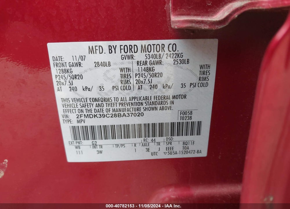 2008 FORD EDGE LIMITED VIN: 2FMDK39C28BA37020