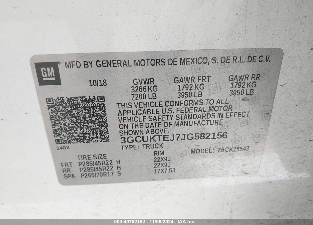 2018 CHEVROLET SILVERADO 1500 VIN: 3GCUKTEJ7JG582156