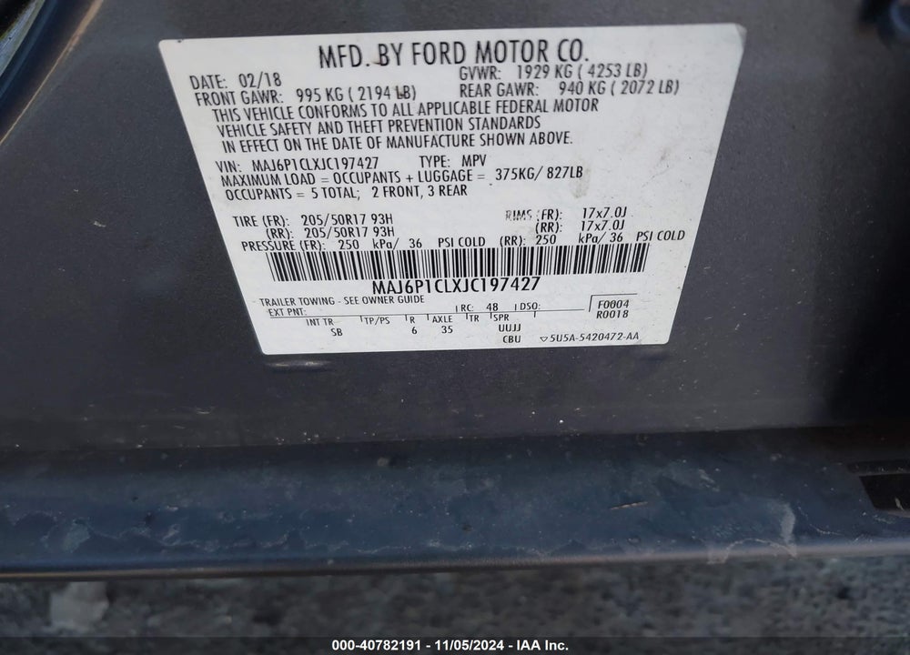 2018 FORD ECOSPORT SES VIN: MAJ6P1CLXJC197427