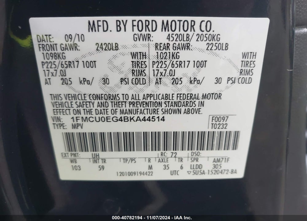 2011 FORD ESCAPE LIMITED VIN: 1FMCU0EG4BKA44514