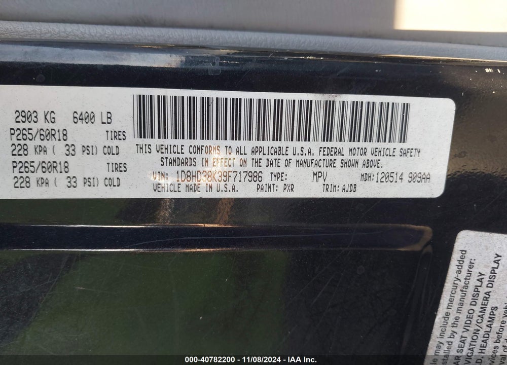 2009 DODGE DURANGO SE VIN: 1D8HD38K39F717986