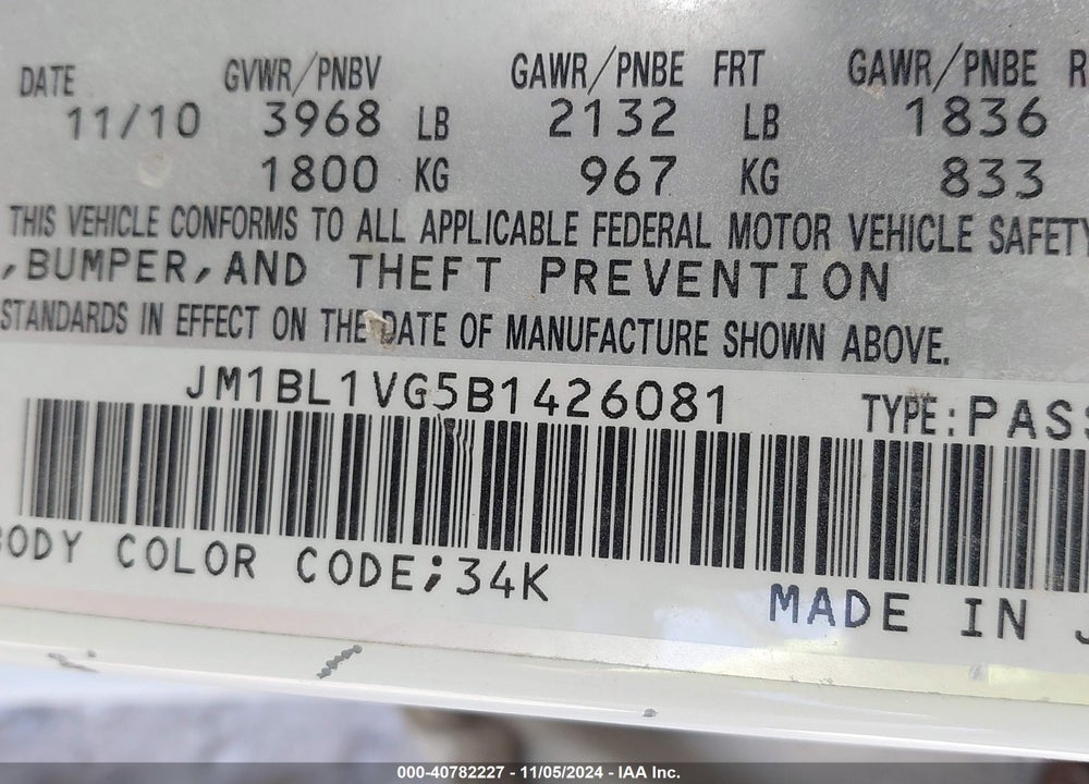 2011 MAZDA 3 I TOURING VIN: JM1BL1VG5B1426081