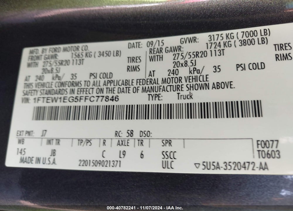 2015 FORD F-150 XLT VIN: 1FTEW1EG5FFC77846