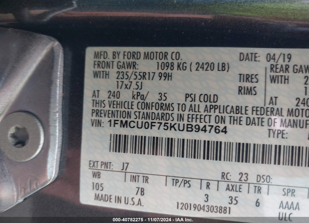 2019 FORD ESCAPE S VIN: 1FMCU0F75KUB94764