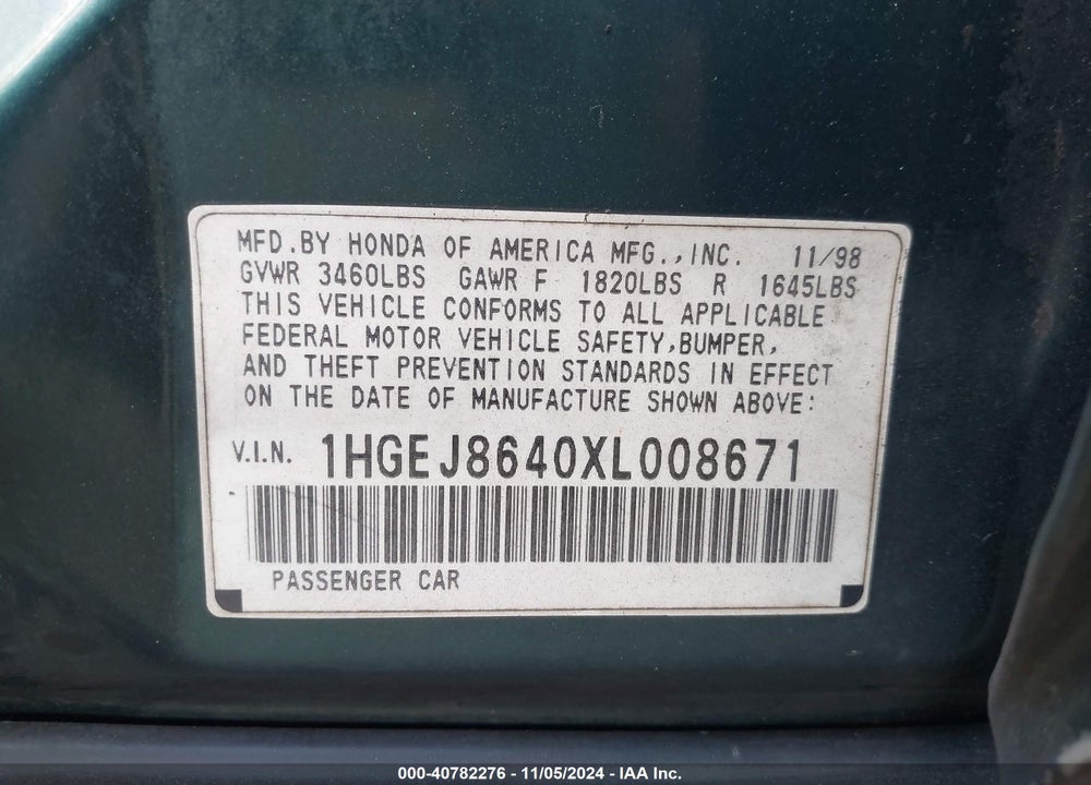 1999 HONDA CIVIC EX VIN: 1HGEJ8640XL008671