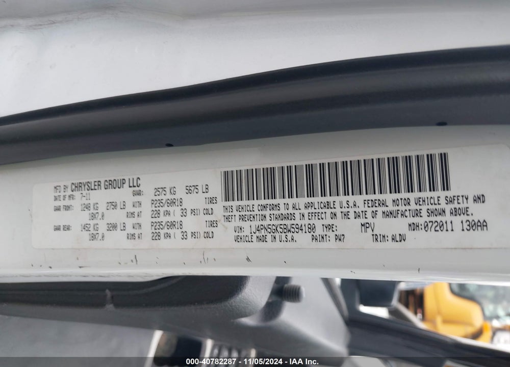 2011 JEEP LIBERTY LIMITED EDITION VIN: 1J4PN5GK5BW594180