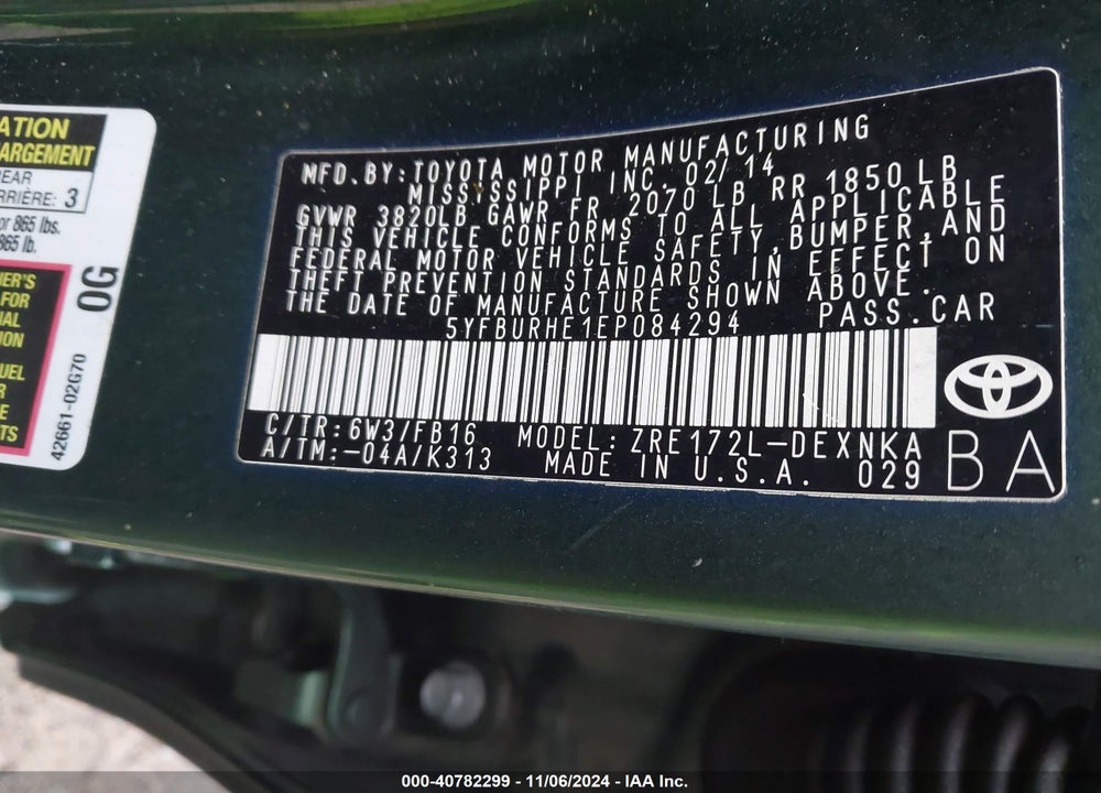 2014 TOYOTA COROLLA LE VIN: 5YFBURHE1EP084294
