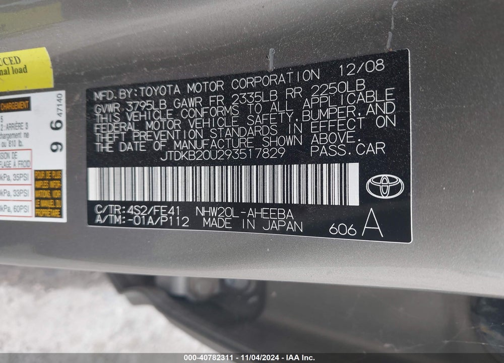 2009 TOYOTA PRIUS TOURING VIN: JTDKB20U293517829