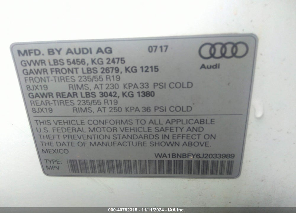 2018 AUDI Q5 2.0T PREMIUM/2.0T TECH PREMIUM VIN: WA1BNBFY6J2033989