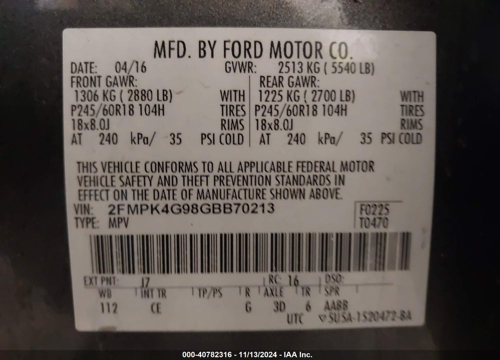 2016 FORD EDGE SE VIN: 2FMPK4G98GBB70213