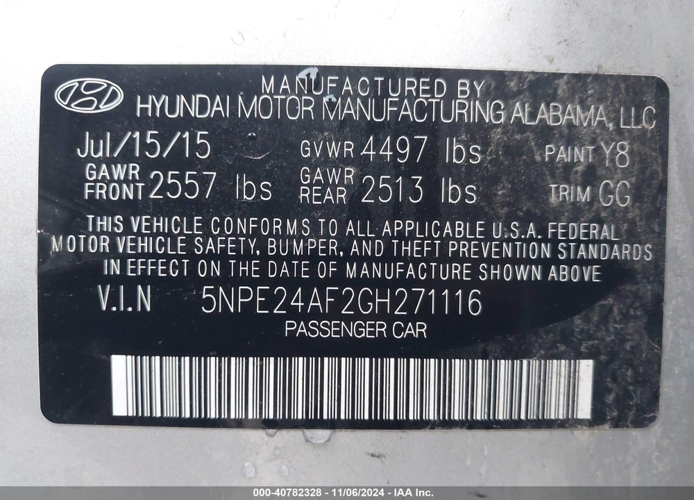 2016 HYUNDAI SONATA VIN: 5NPE24AF2GH271116