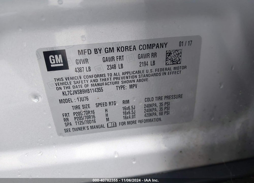 2017 CHEVROLET TRAX LS VIN: KL7CJNSB9HB114355