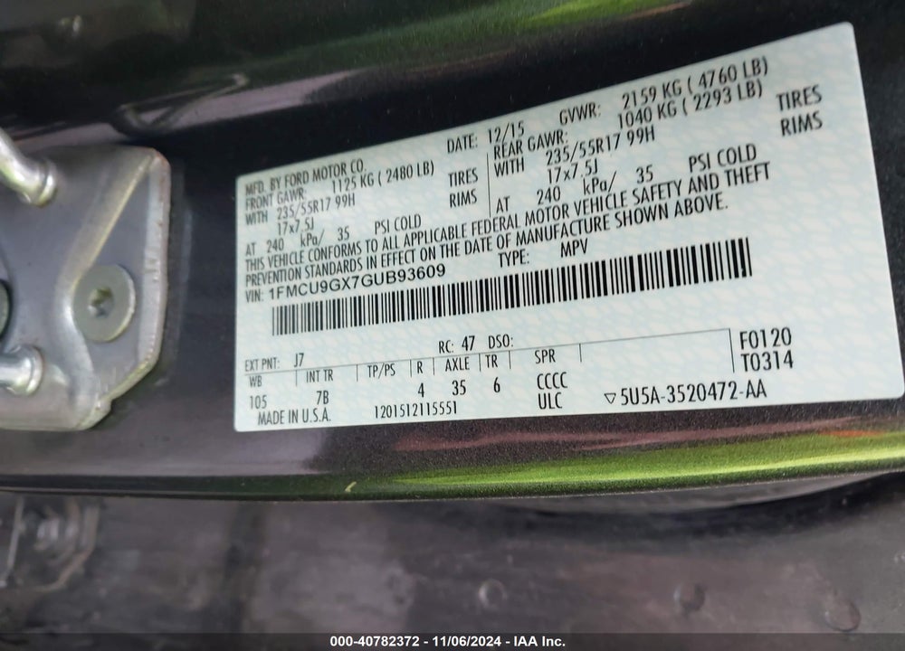 2016 FORD ESCAPE SE VIN: 1FMCU9GX7GUB93609