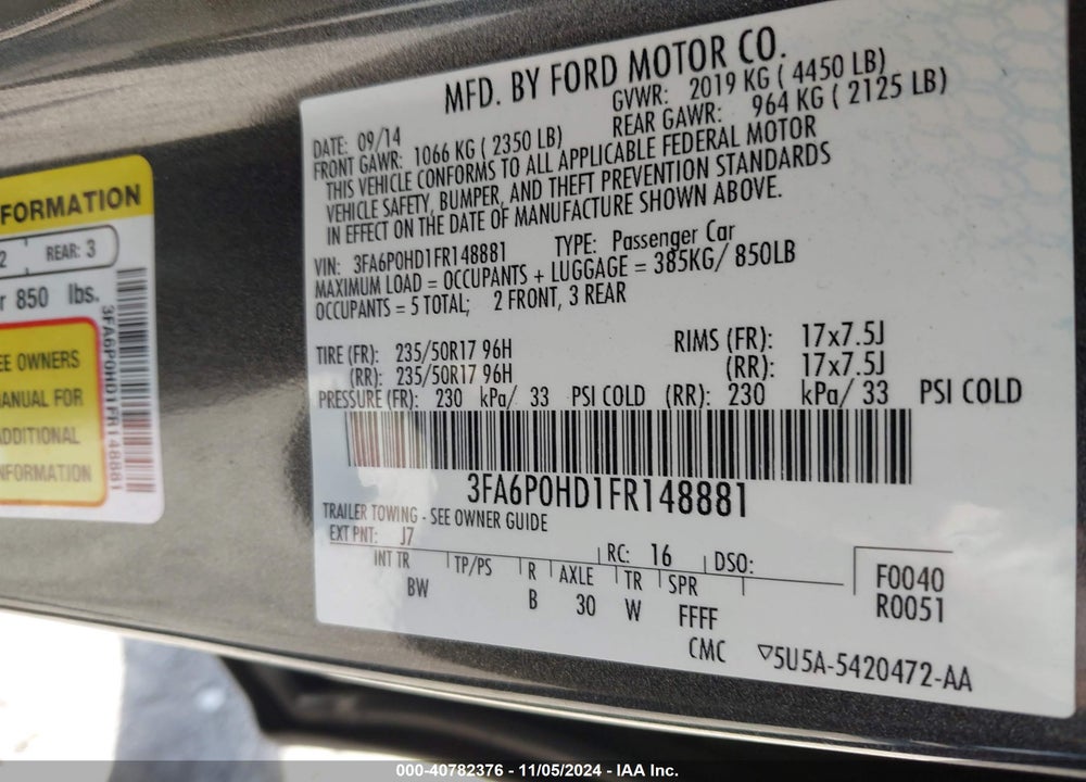 2015 FORD FUSION SE VIN: 3FA6P0HD1FR148881
