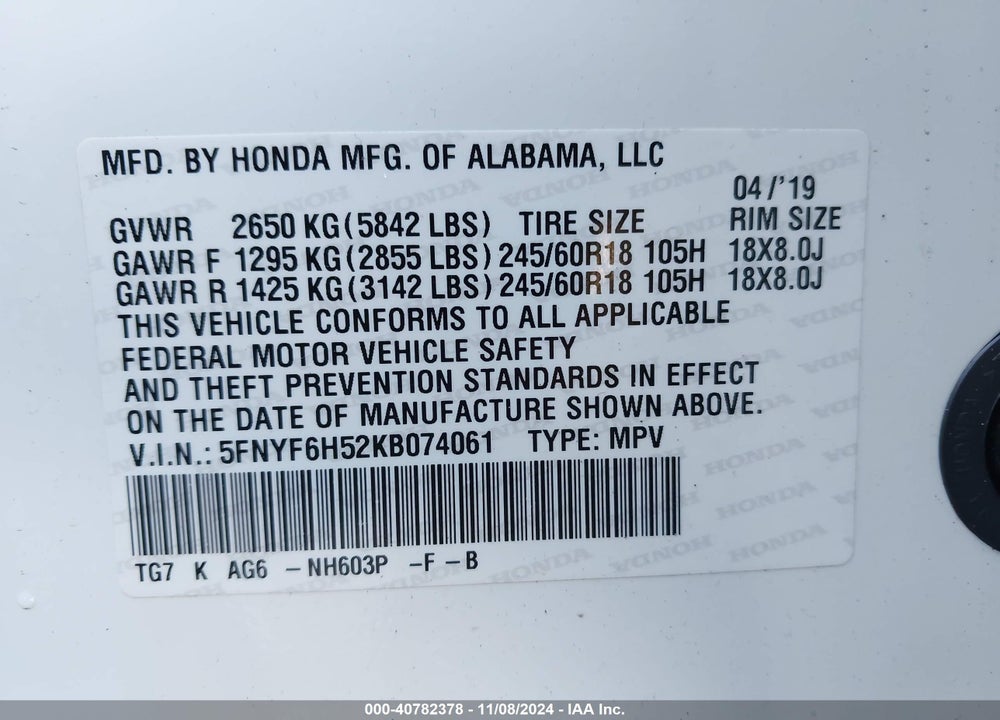 2019 HONDA PILOT EX-L VIN: 5FNYF6H52KB074061