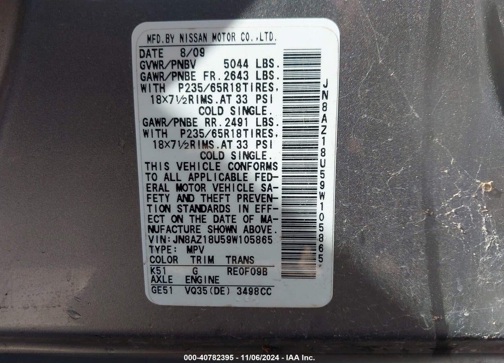 2009 NISSAN MURANO SL VIN: JN8AZ18U59W105865