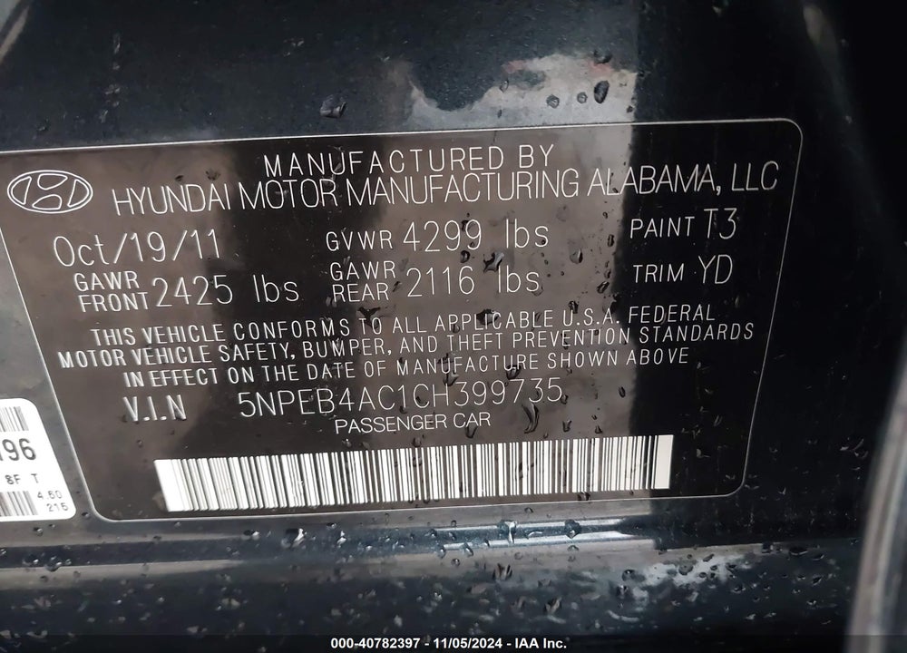 2012 HYUNDAI SONATA GLS VIN: 5NPEB4AC1CH399735