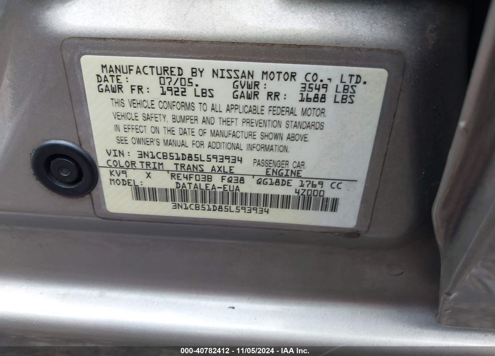2005 NISSAN SENTRA 1.8S VIN: 3N1CB51D85L593934