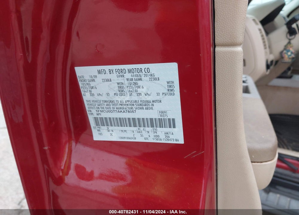 2010 FORD ESCAPE XLT VIN: 1FMCU0D77AKA78057