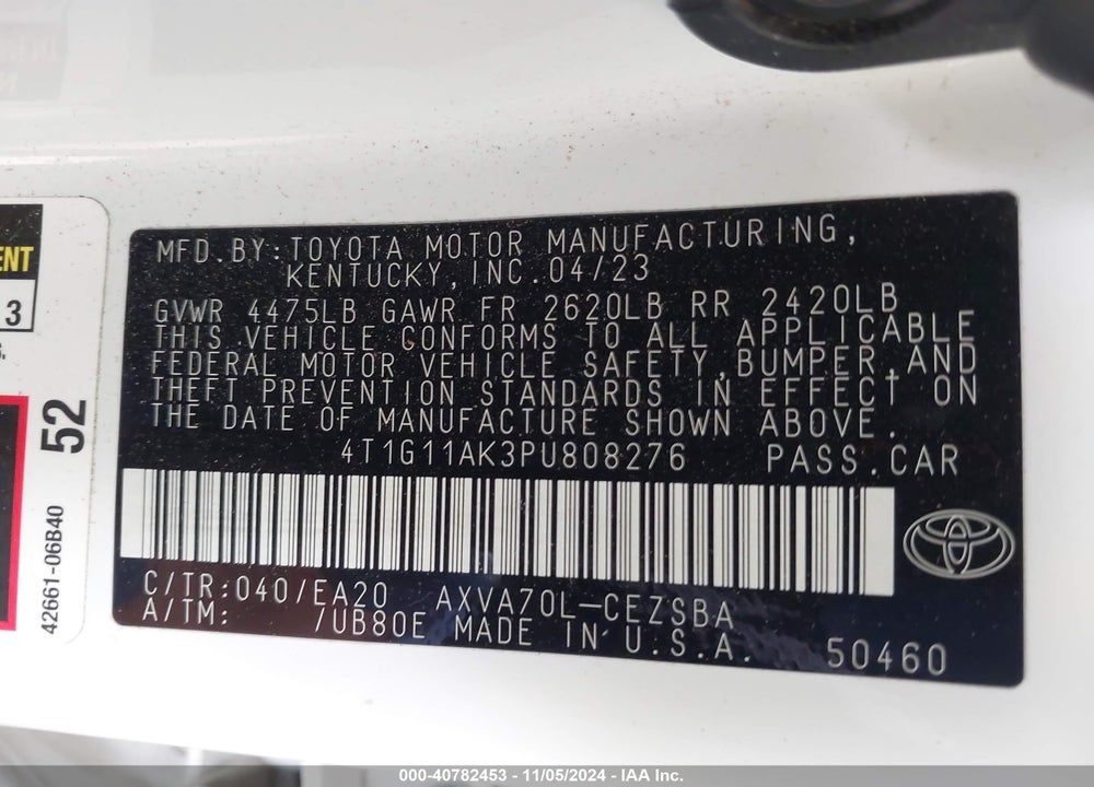 2023 TOYOTA CAMRY SE VIN: 4T1G11AK3PU808276
